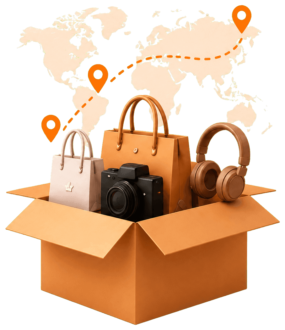 Illustration of shopping overseas and shipping parcels internationally