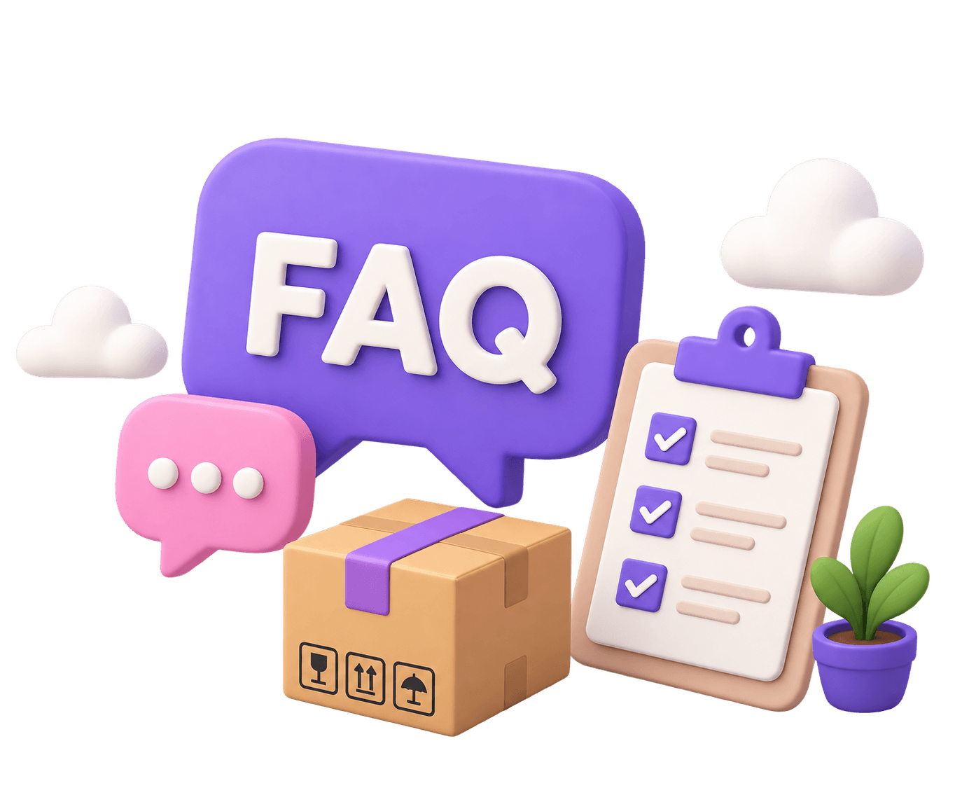 FAQ speech bubble, parcel, checklist and plant