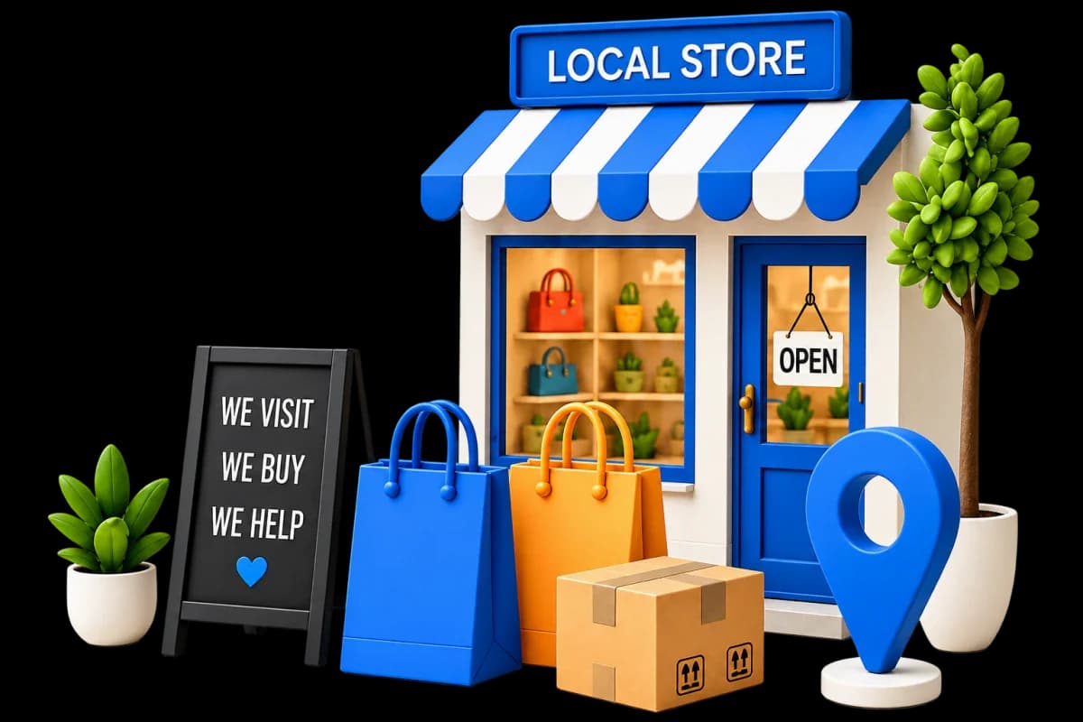 A local storefront, shopping bags, parcel, and location pin