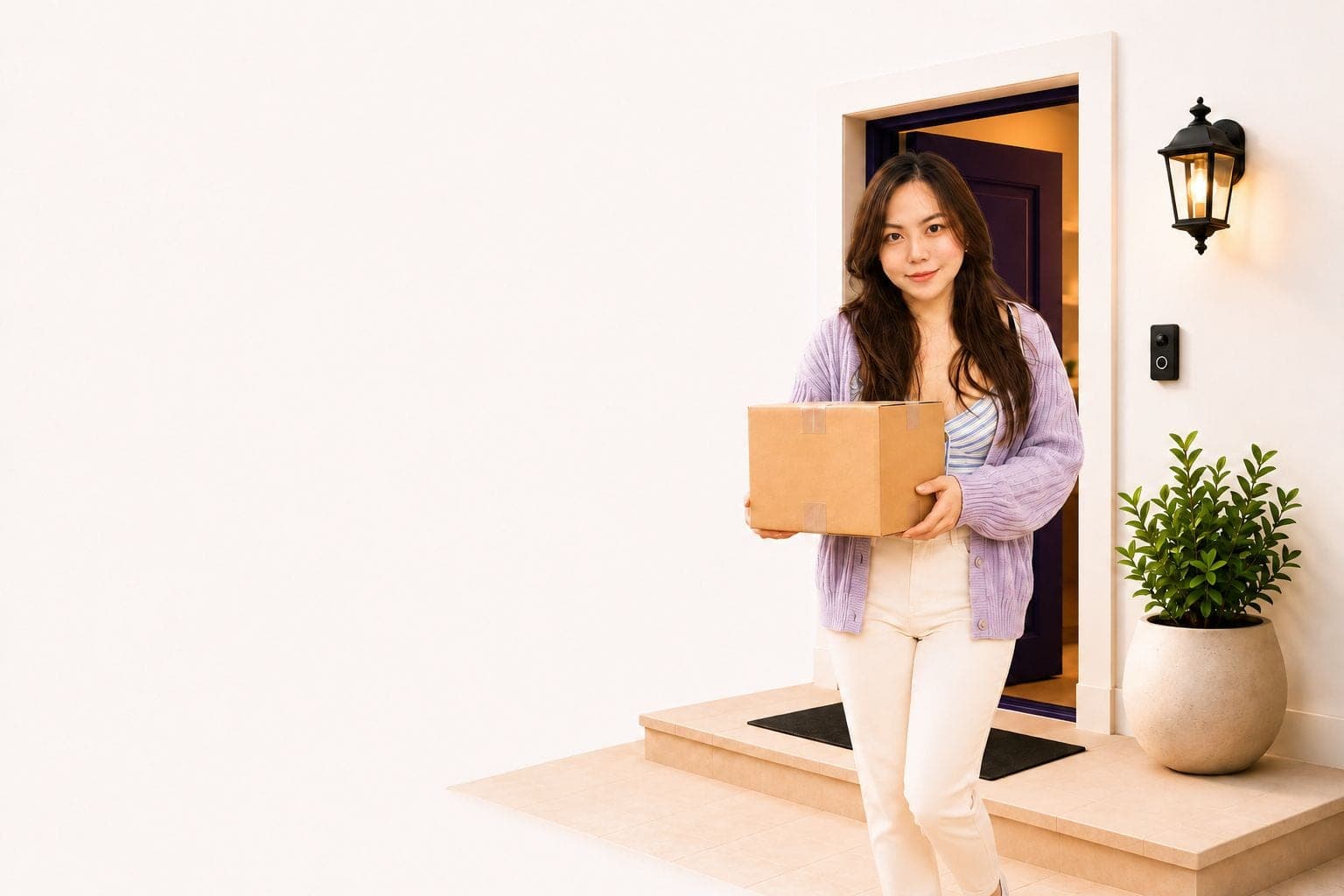 Smiling woman holding a delivery box at her front door