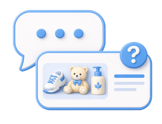 Chat bubbles, an item card, and a question mark