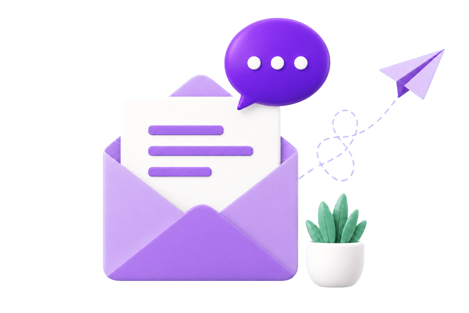 An open envelope, message bubble, paper plane, and plant
