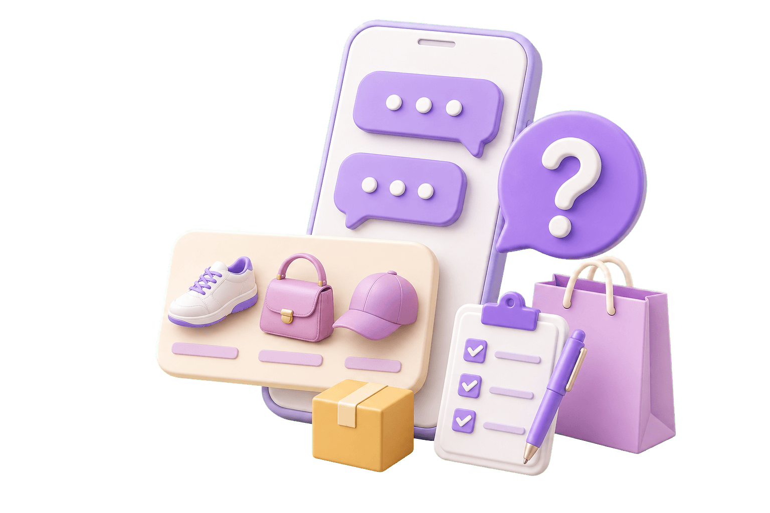 A phone with chat messages, product details, a shopping bag, and a checklist