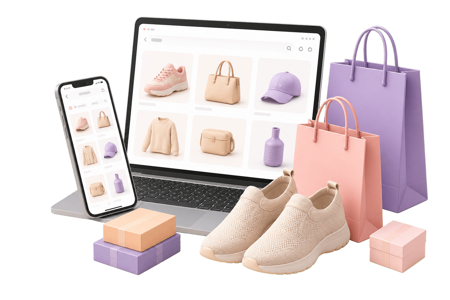 Laptop, phone, shopping bags, shoes, and parcels for international shopping