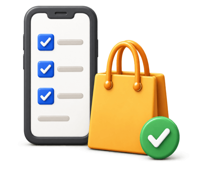 A purchase receipt, shopping cart, bag, and confirmation mark