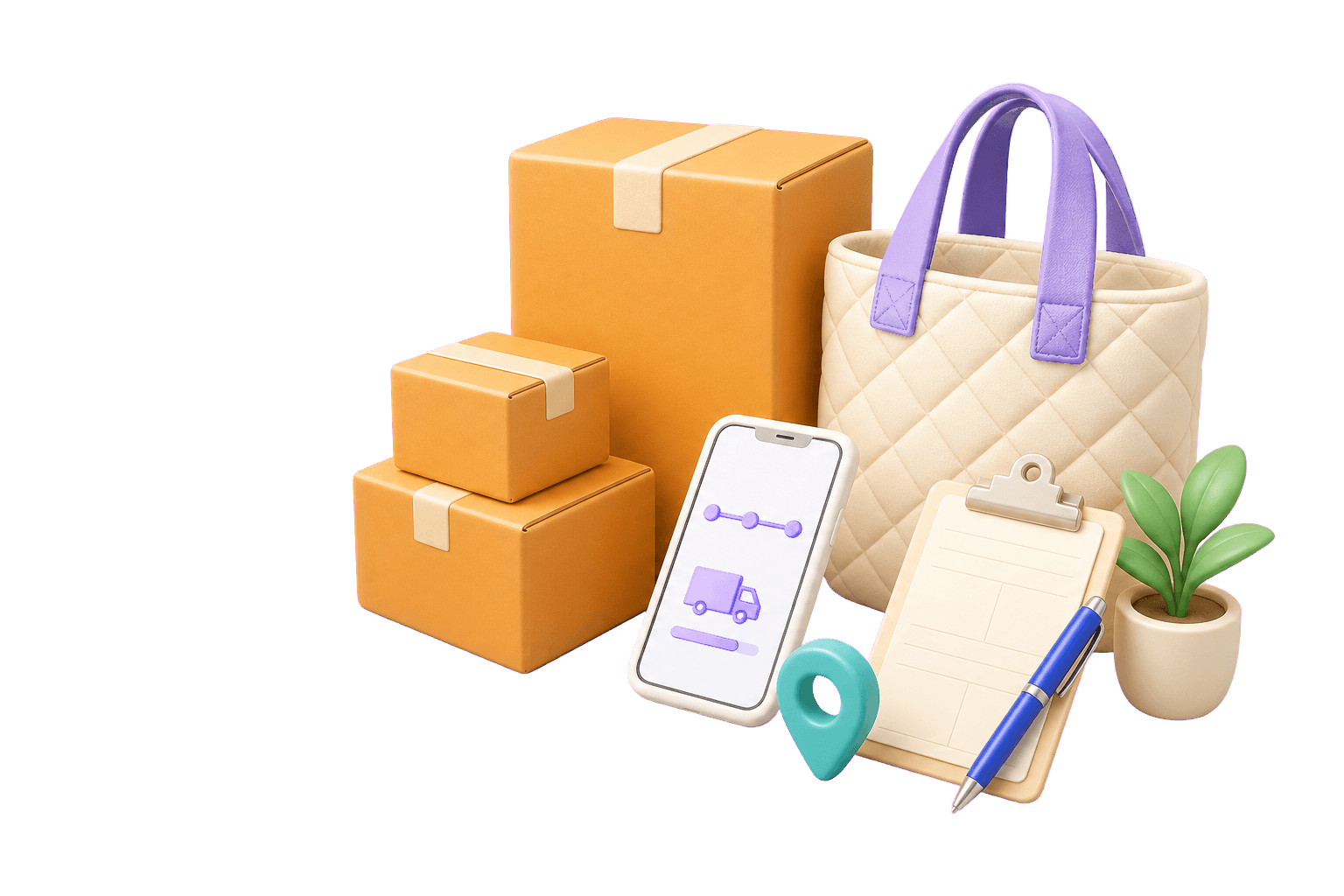 Parcels, a tote bag, packing supplies, a tracking phone, and a shipping form